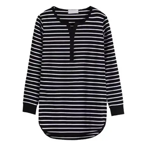 Women's Black White Striped Long Sleeve V-Neck Top - Image 7