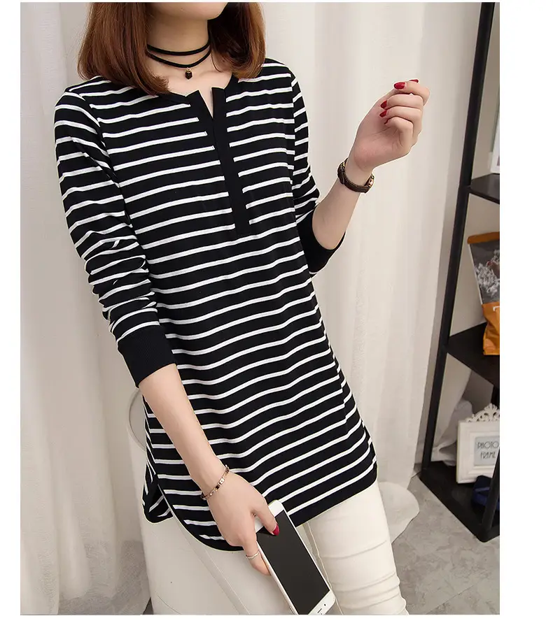 Women's Black White Striped Long Sleeve V-Neck Top — feature 5