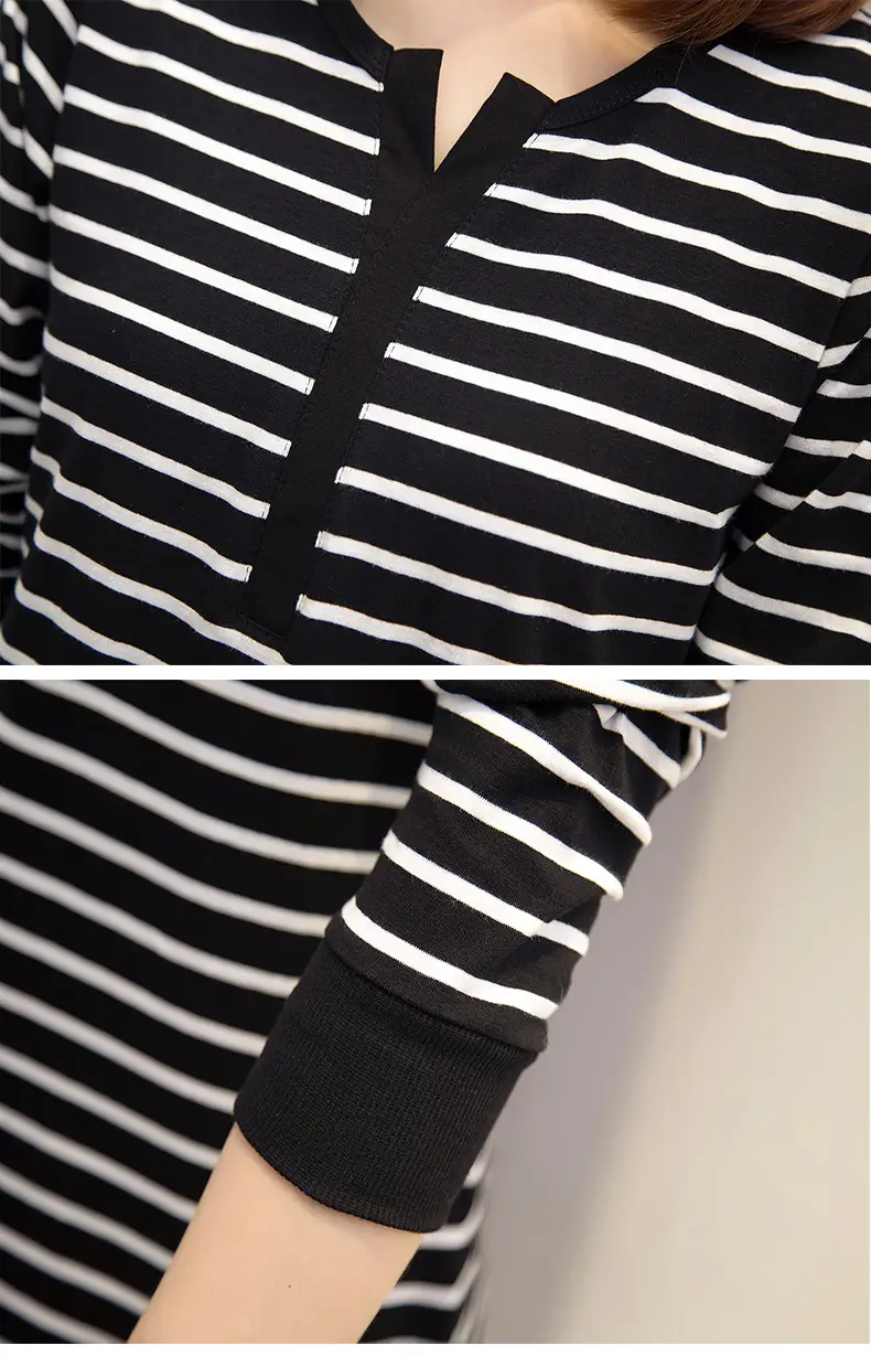 Women's Black White Striped Long Sleeve V-Neck Top — feature 6