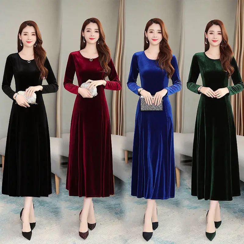 Gold Velvet Knee-Length Dress for Women Long Sleeve Evening Wear - Image 4