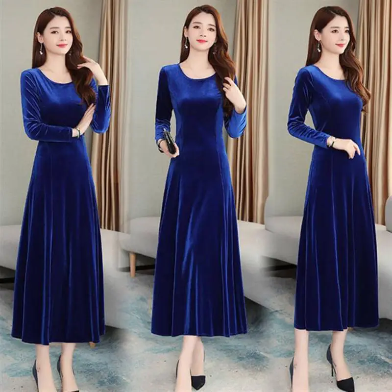 Gold Velvet Knee-Length Dress for Women Long Sleeve Evening Wear - Image 3