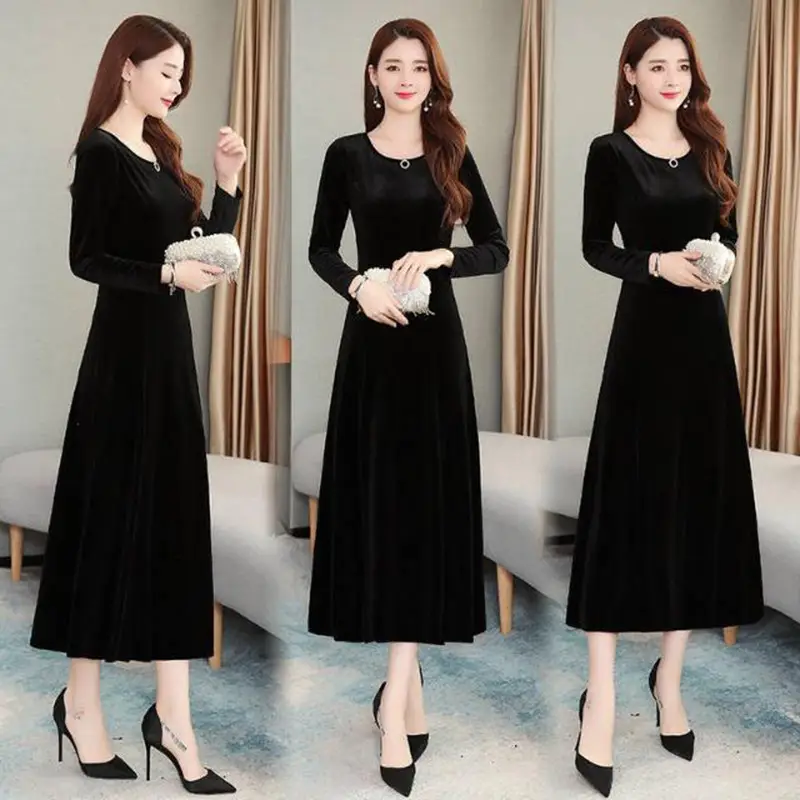 Gold Velvet Knee-Length Dress for Women Long Sleeve Evening Wear - Image 2
