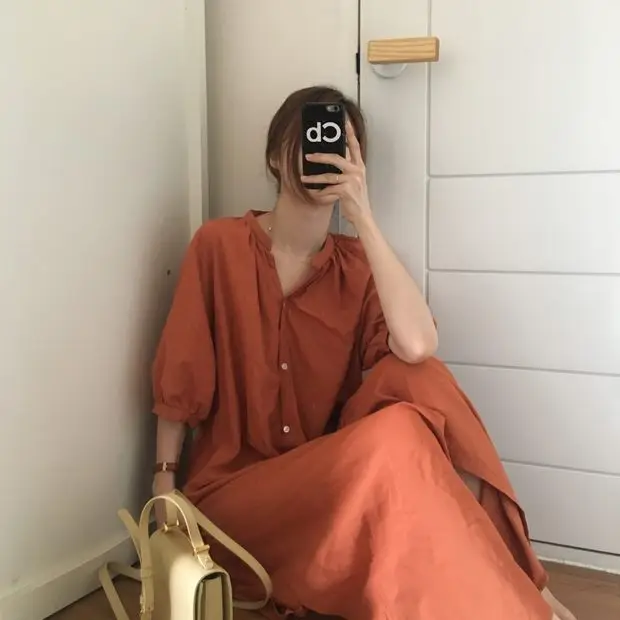 Green Korean Style Single Breasted Dress with Lantern Sleeve - Image 5