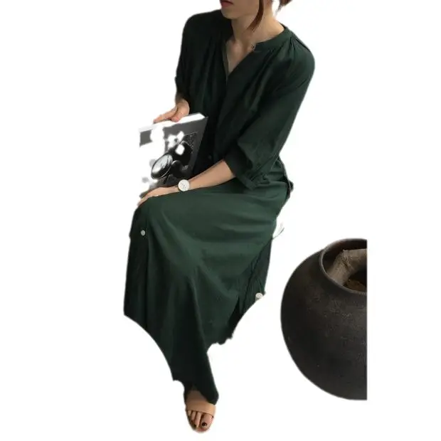 Green Korean Style Single Breasted Dress with Lantern Sleeve - Image 7