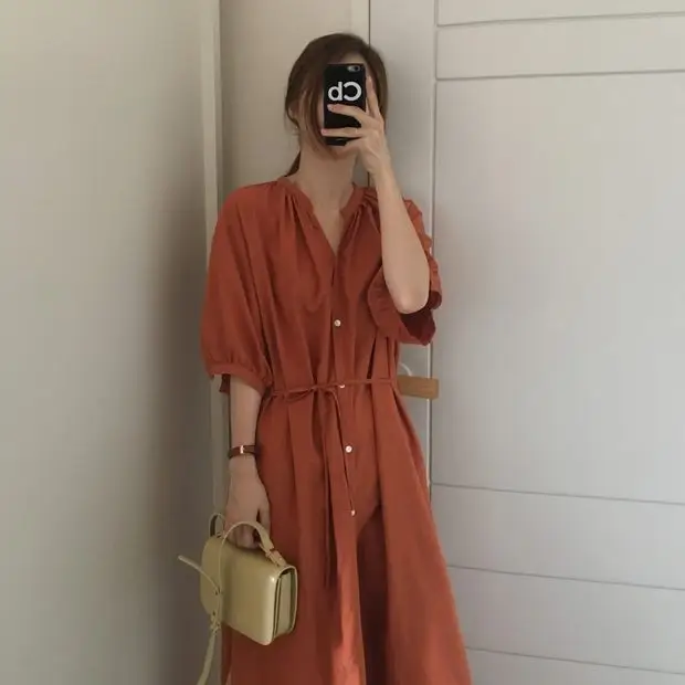 Green Korean Style Single Breasted Dress with Lantern Sleeve — feature 1