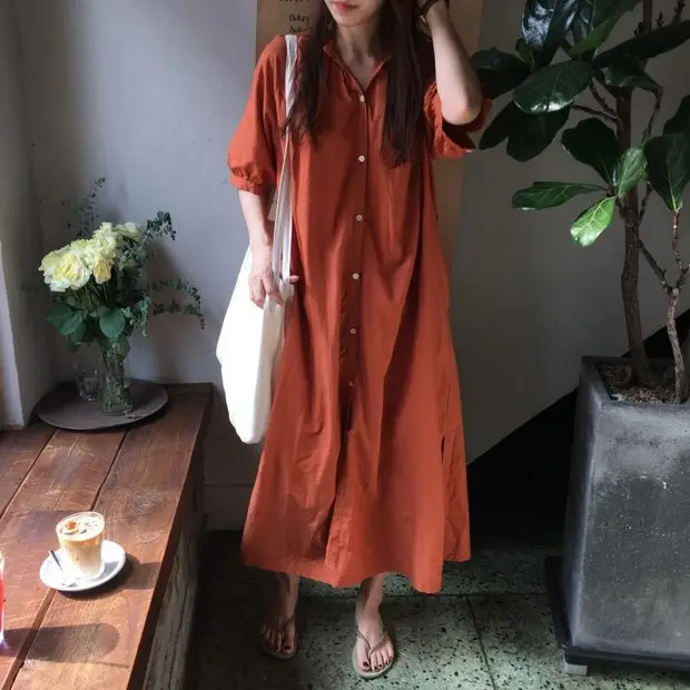 Green Korean Style Single Breasted Dress with Lantern Sleeve — feature 10