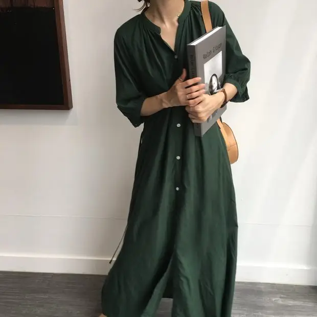 Green Korean Style Single Breasted Dress with Lantern Sleeve — feature 11