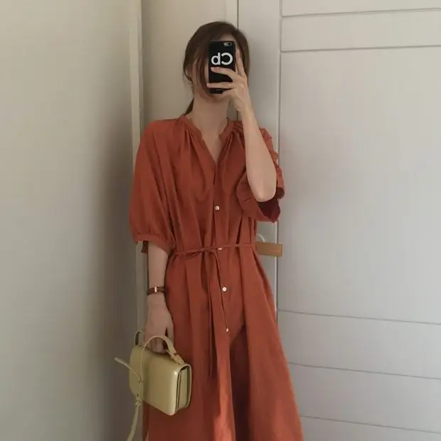 Green Korean Style Single Breasted Dress with Lantern Sleeve — feature 12