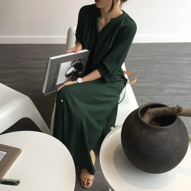 Green Korean Style Single Breasted Dress with Lantern Sleeve — feature 13