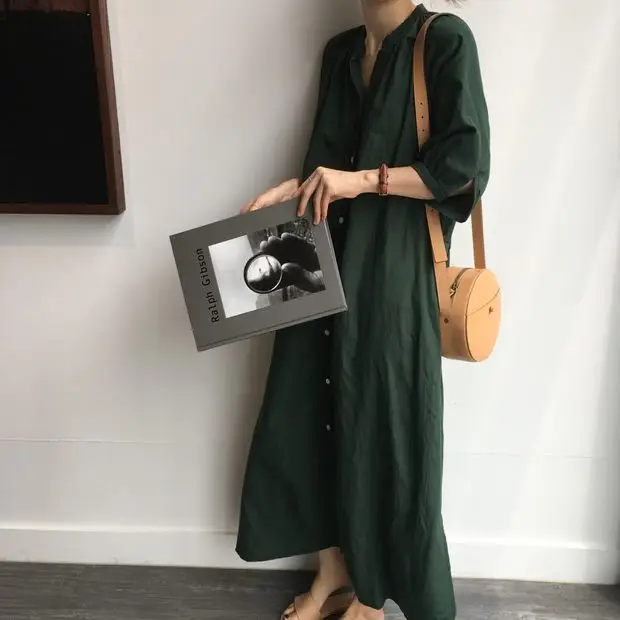 Green Korean Style Single Breasted Dress with Lantern Sleeve — feature 15