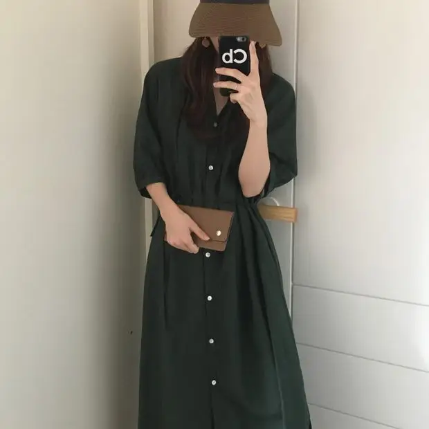 Green Korean Style Single Breasted Dress with Lantern Sleeve — feature 16