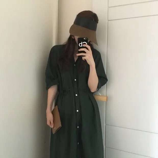 Green Korean Style Single Breasted Dress with Lantern Sleeve — feature 17