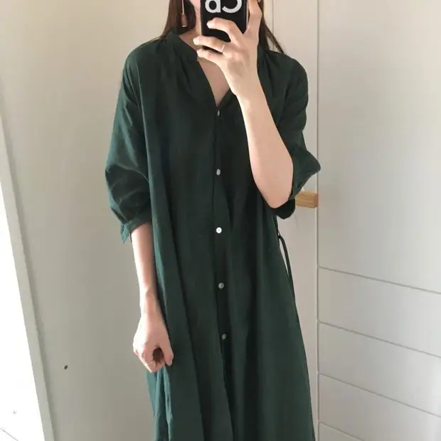 Green Korean Style Single Breasted Dress with Lantern Sleeve — feature 18