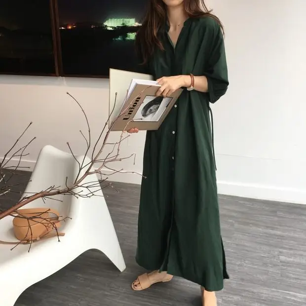 Green Korean Style Single Breasted Dress with Lantern Sleeve — feature 19
