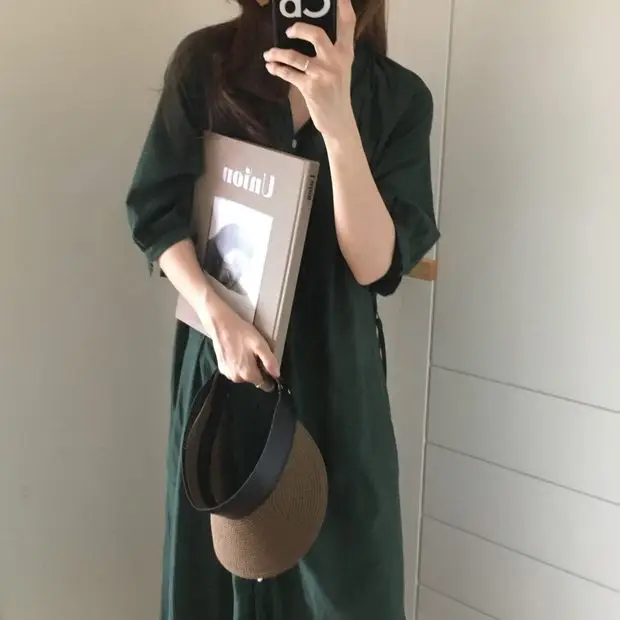 Green Korean Style Single Breasted Dress with Lantern Sleeve — feature 24