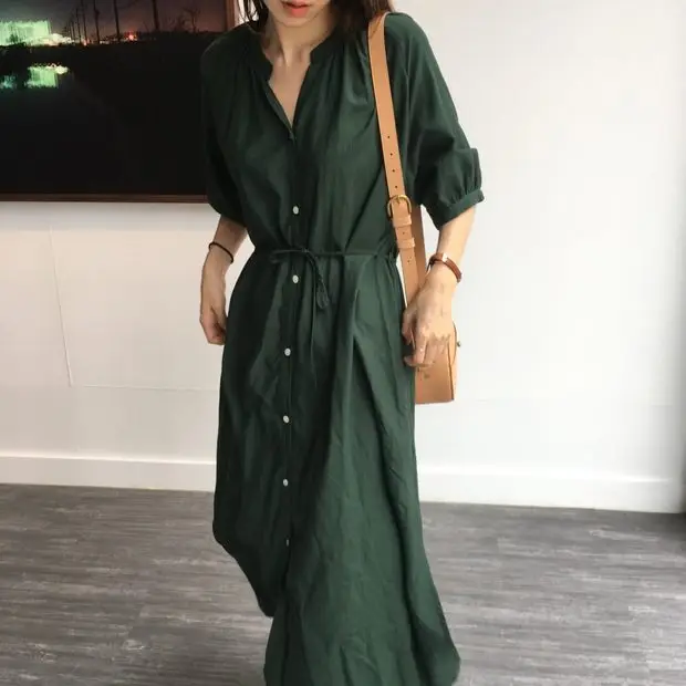 Green Korean Style Single Breasted Dress with Lantern Sleeve - Image 2