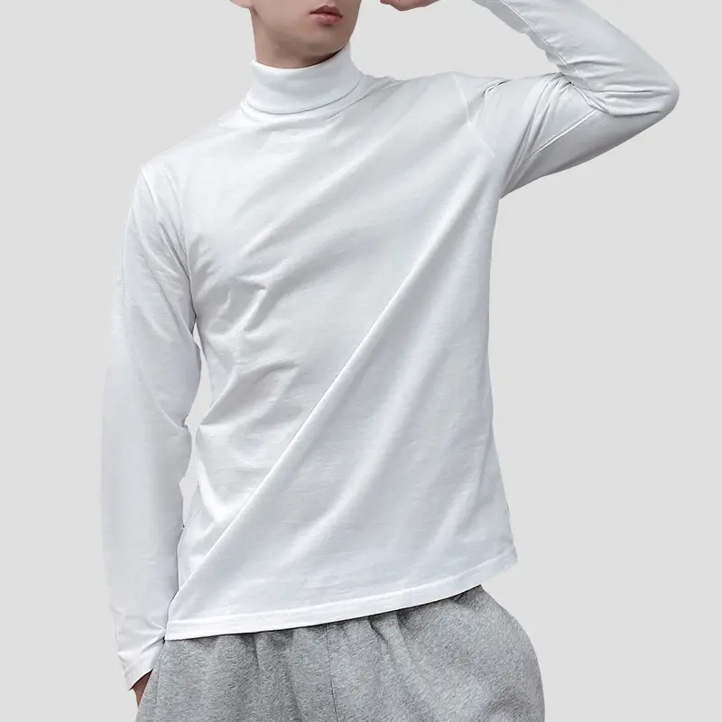 White High Collar Cotton Long Sleeve T-Shirt for Men - Image 4