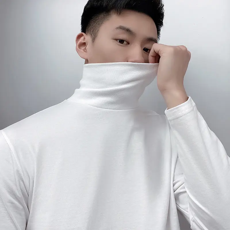 White High Collar Cotton Long Sleeve T-Shirt for Men - Image 6