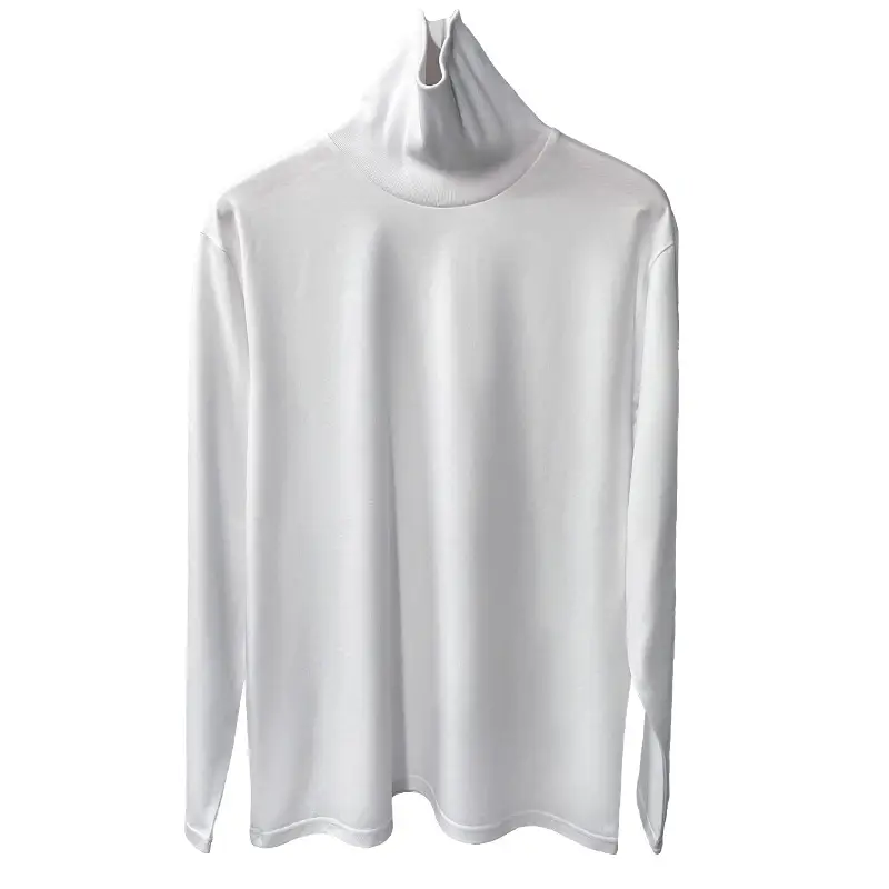 White High Collar Cotton Long Sleeve T-Shirt for Men - Image 7