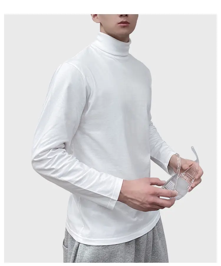 White High Collar Cotton Long Sleeve T-Shirt for Men — feature 14