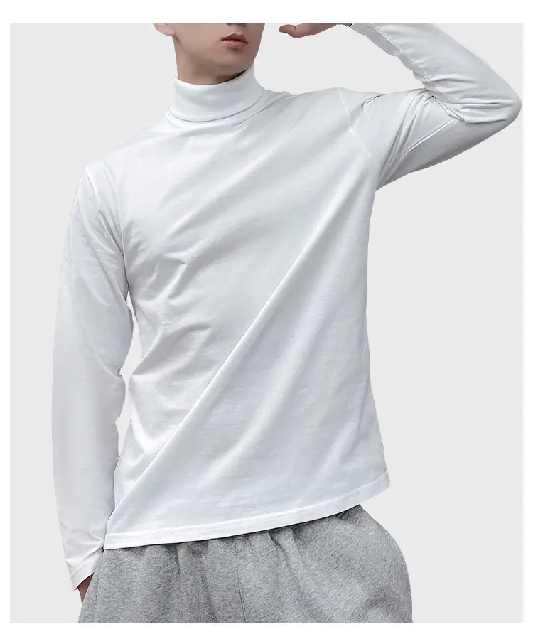 White High Collar Cotton Long Sleeve T-Shirt for Men — feature 15