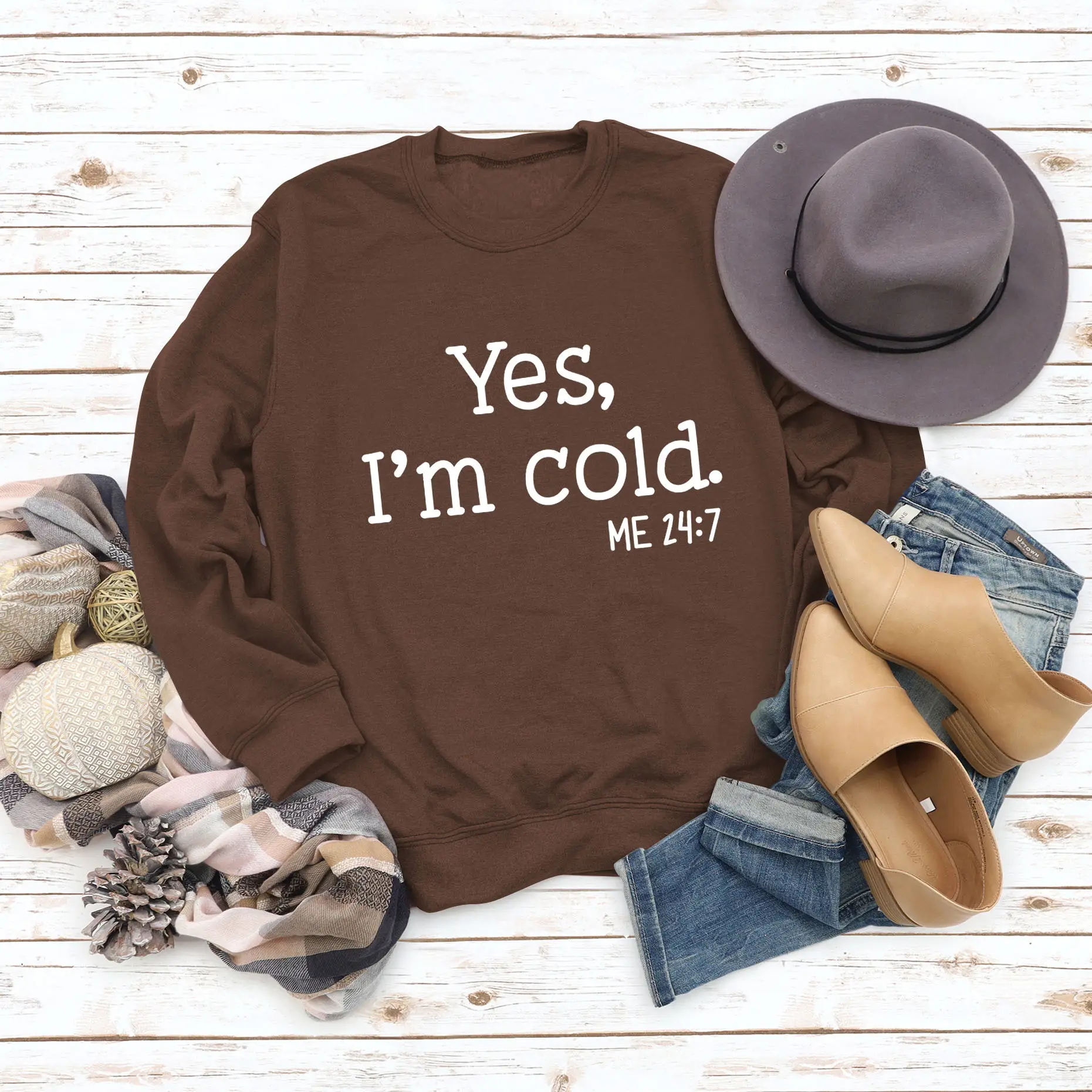 Women's Printed Sweatshirt Yes I'm Cold Maroon - Image 3