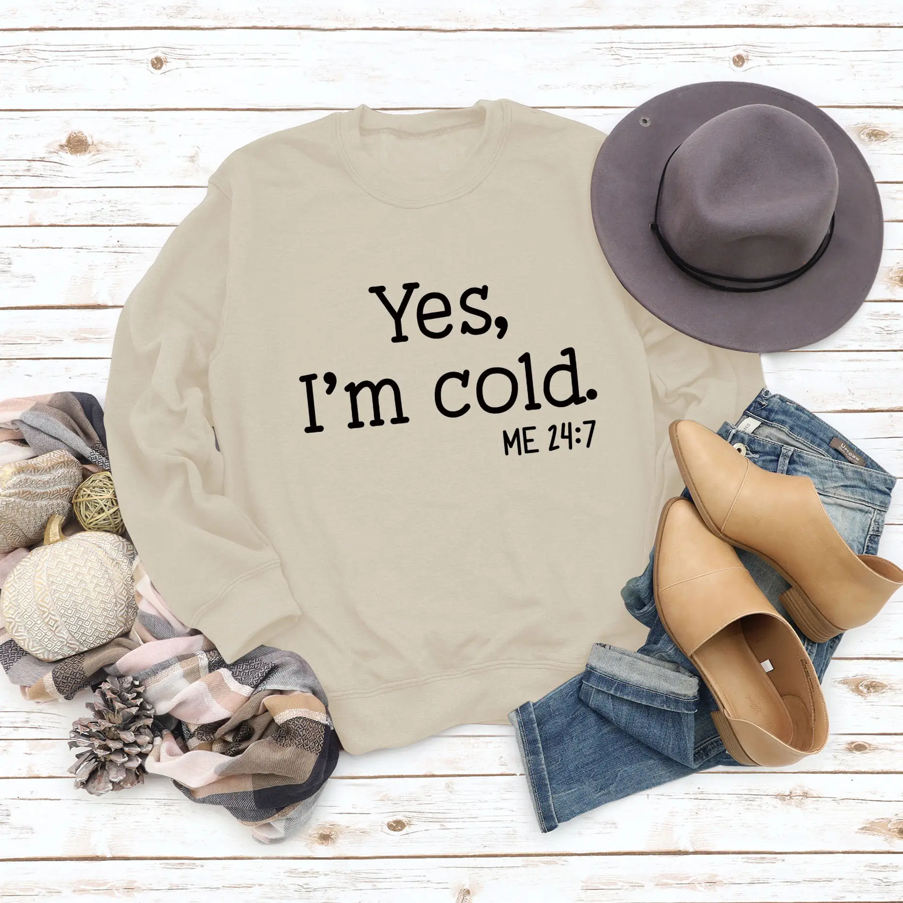 Women's Printed Sweatshirt Yes I'm Cold Maroon - Image 2