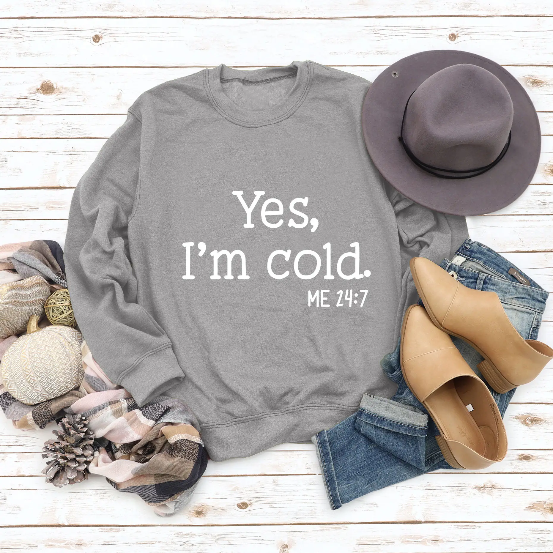 Women's Printed Sweatshirt Yes I'm Cold Maroon - Image 17