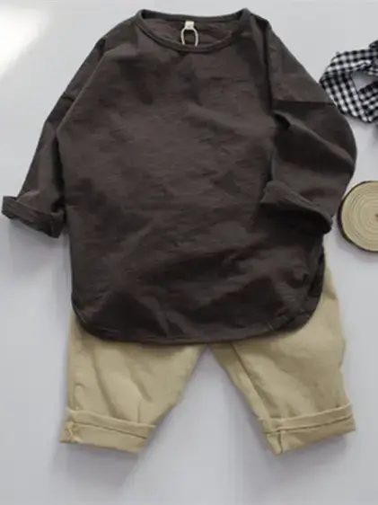 New Spring Boys Long Sleeve Pure Cotton T-Shirt Brown - Image 7