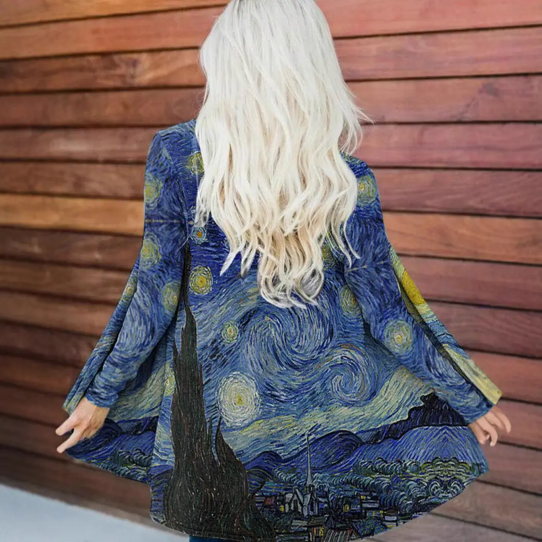 2021 Printed Cardigan Coat Women Blue Saturn Design - Image 6