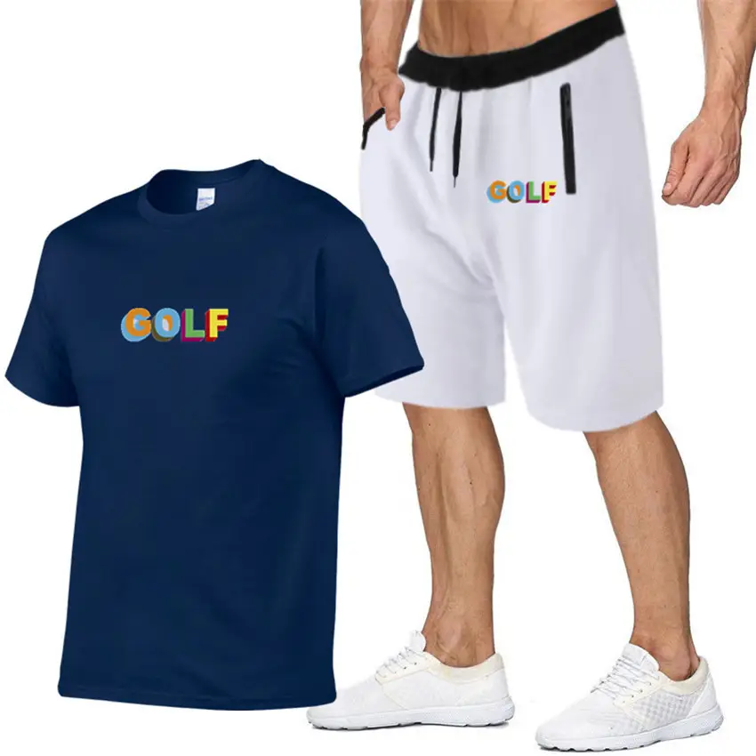 Men GOLF Printed T-Shirt & Shorts Set Light Blue
