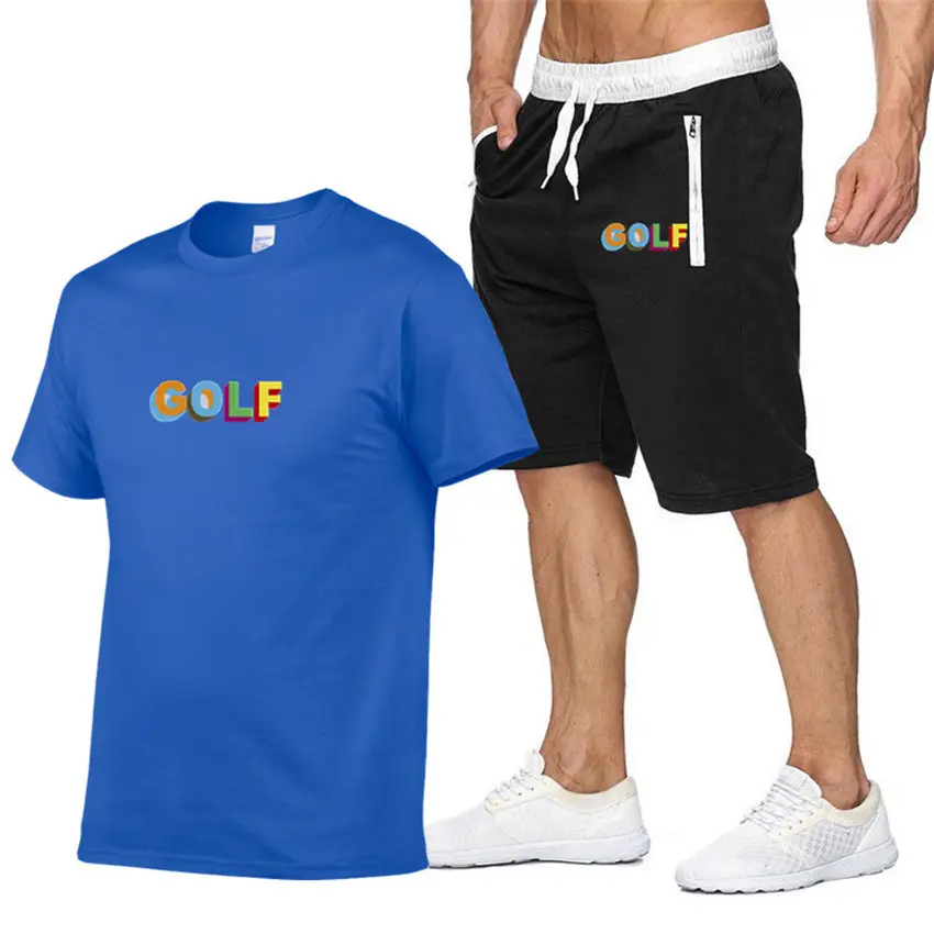 Men GOLF Printed T-Shirt & Shorts Set Light Blue