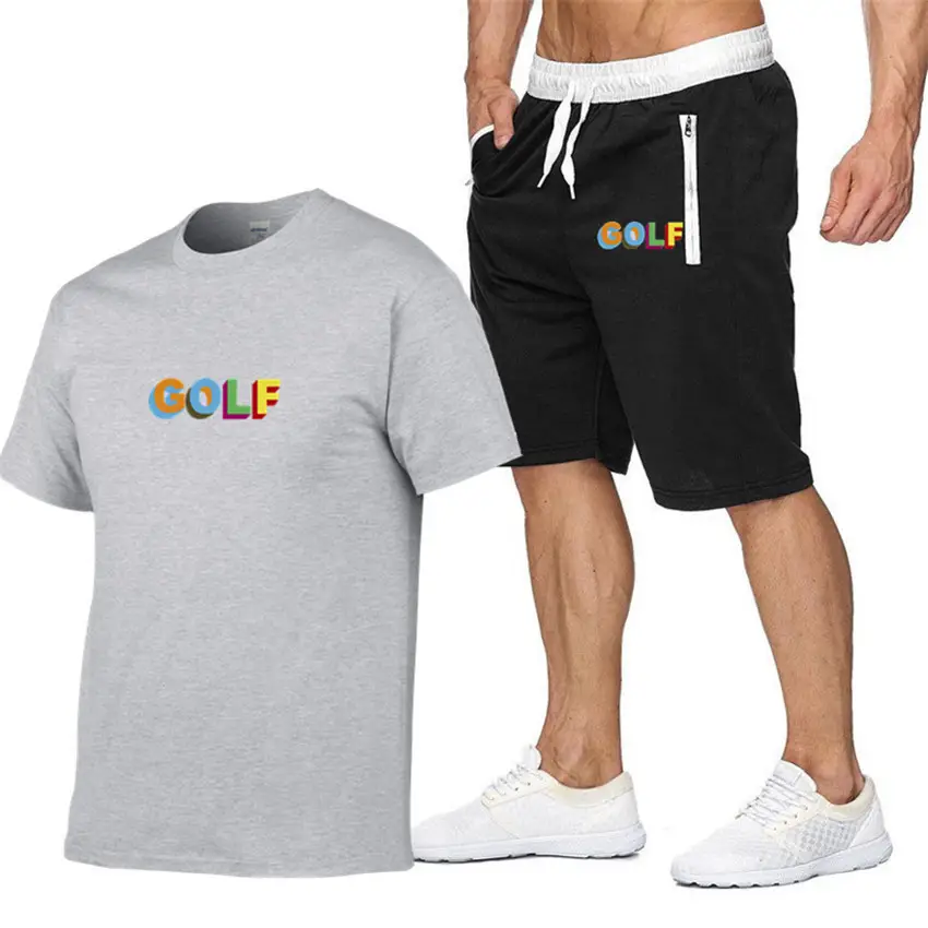 Men GOLF Printed T-Shirt & Shorts Set Light Blue