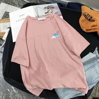 Antique Girl Loose Blue Short Sleeve T-Shirt Large