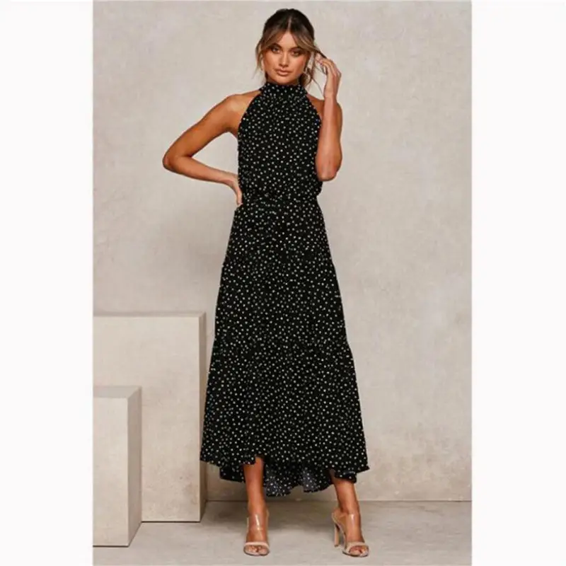 Yellow Polka Dot Lace-Up Dress Sleeveless Long Skirt