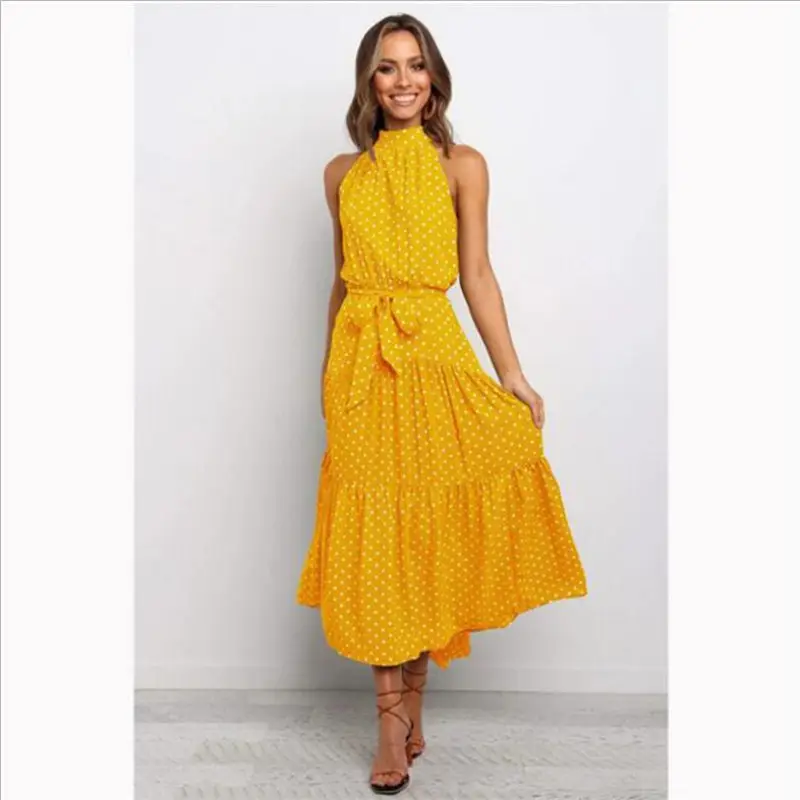 Yellow Polka Dot Lace-Up Dress Sleeveless Long Skirt