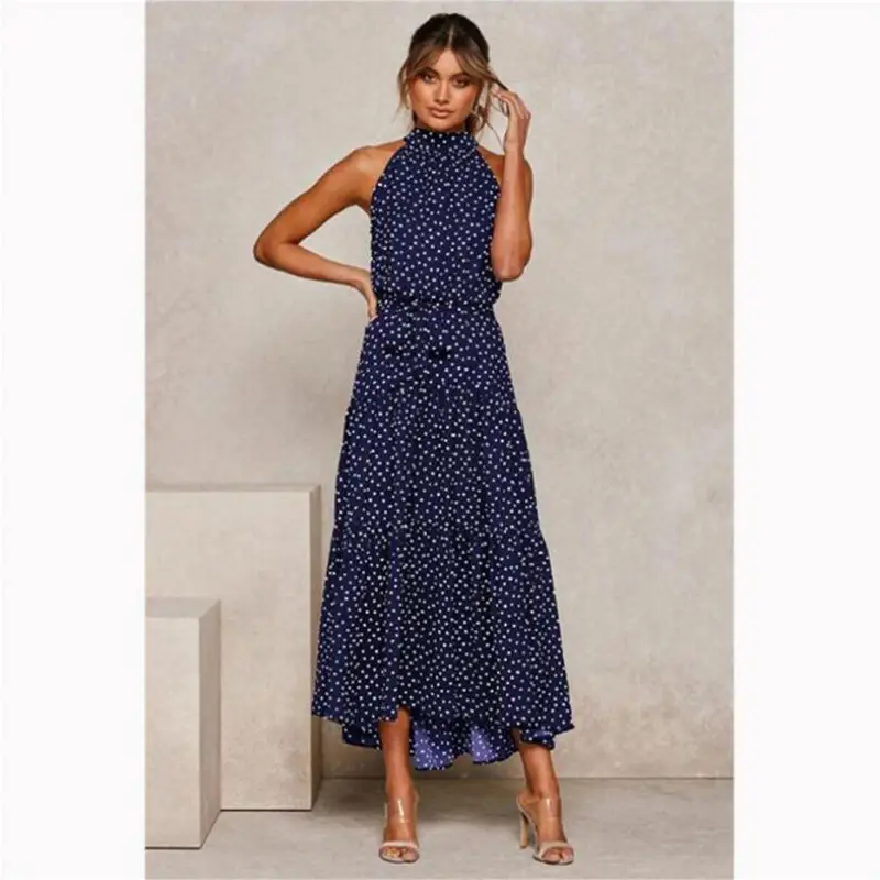 Yellow Polka Dot Lace-Up Dress Sleeveless Long Skirt