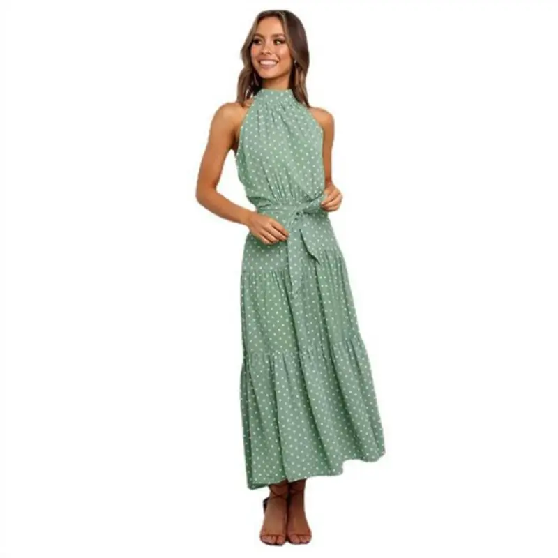 Yellow Polka Dot Lace-Up Dress Sleeveless Long Skirt