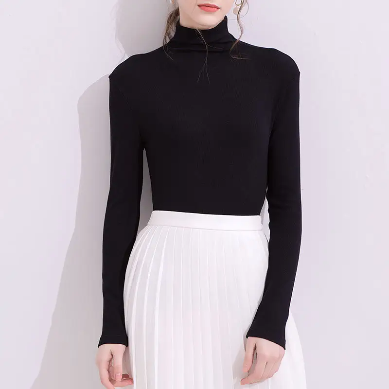 Women's Green High Collar Ribbed Long Sleeve Shirt