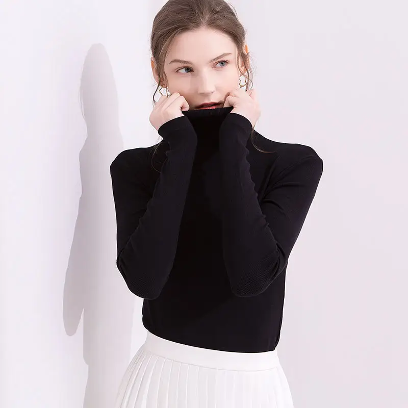 Women's Green High Collar Ribbed Long Sleeve Shirt