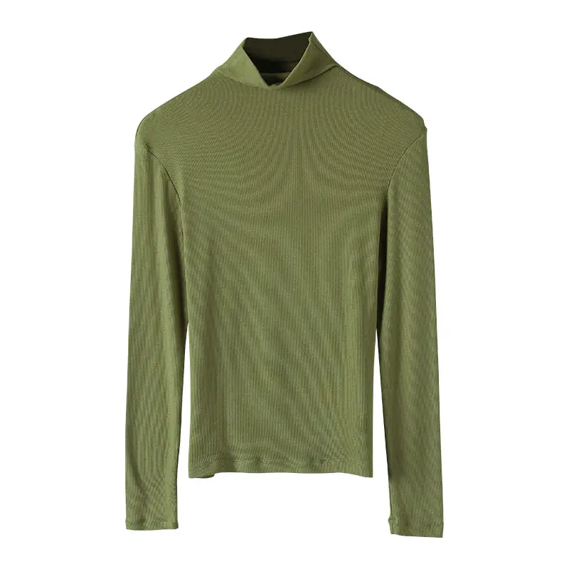 Women's Green High Collar Ribbed Long Sleeve Shirt