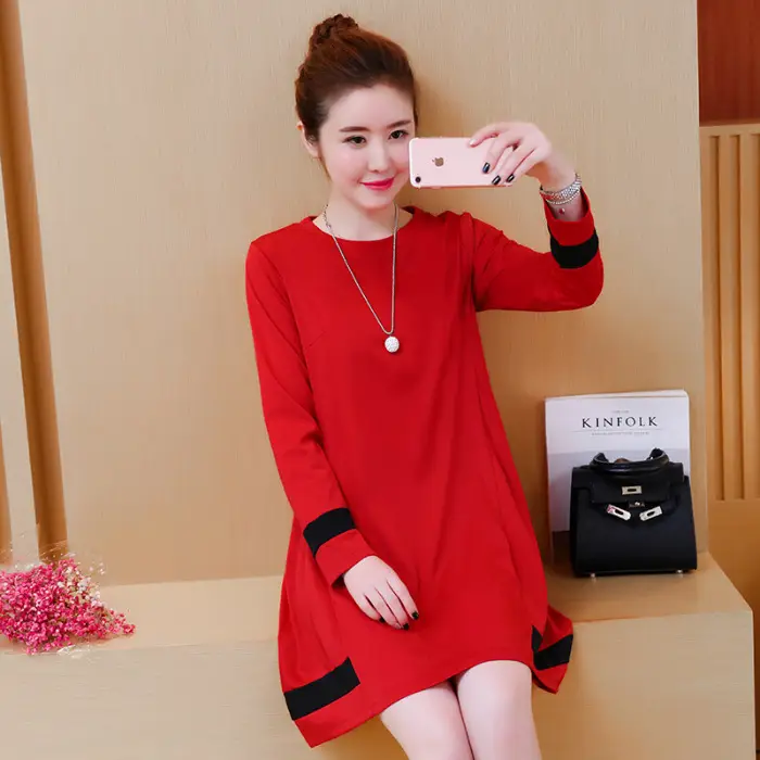 2020 Red Long Sleeve Plus Size Dress with Black Trim - Image 3