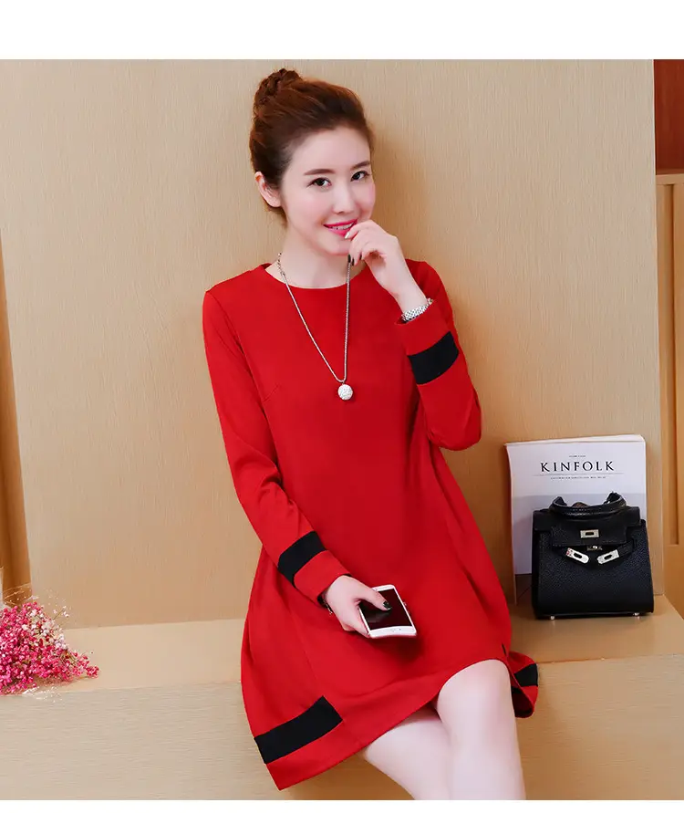 2020 Red Long Sleeve Plus Size Dress with Black Trim — feature 10
