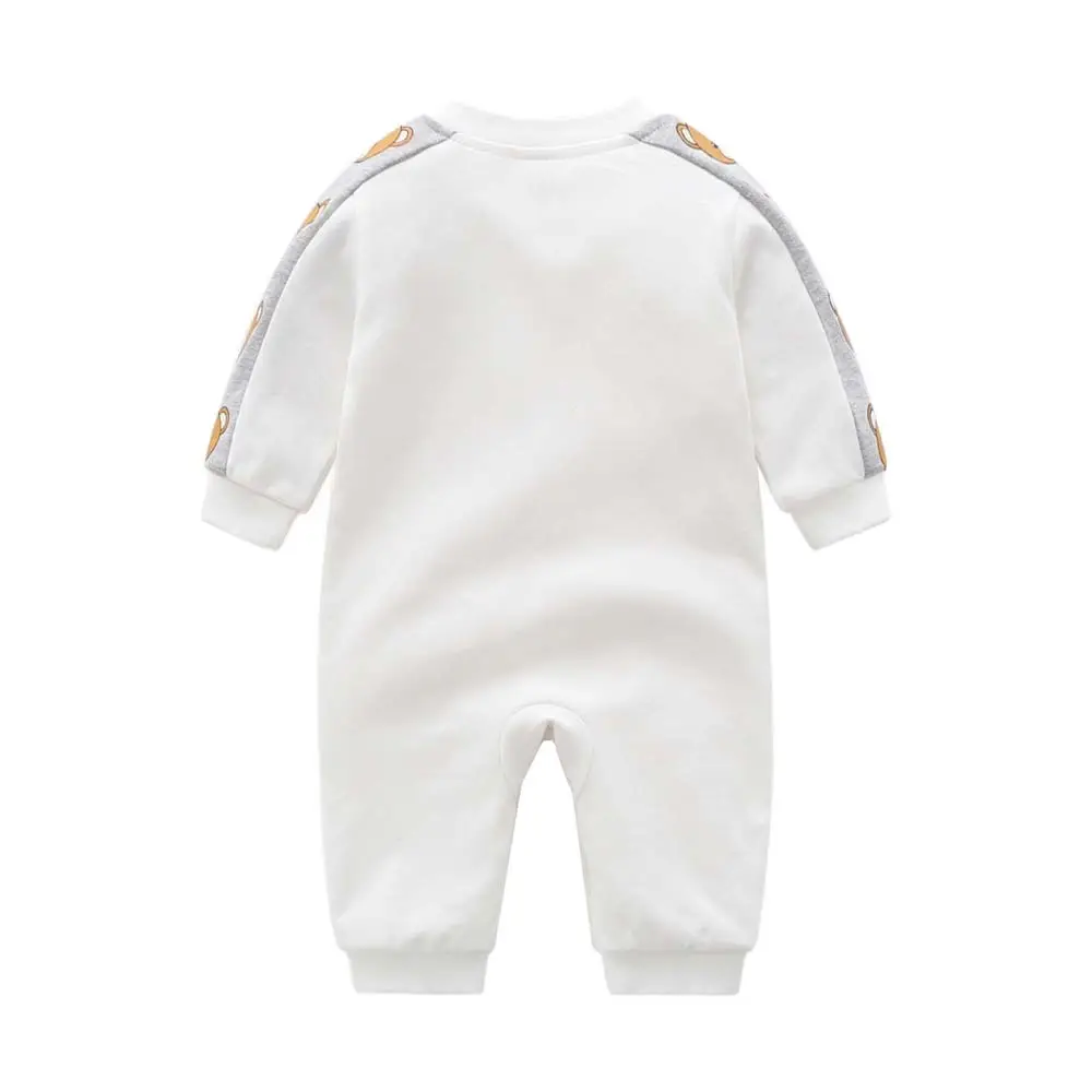 Baby Cotton Bear Print Jumpsuit White Spring Autumn - Image 3