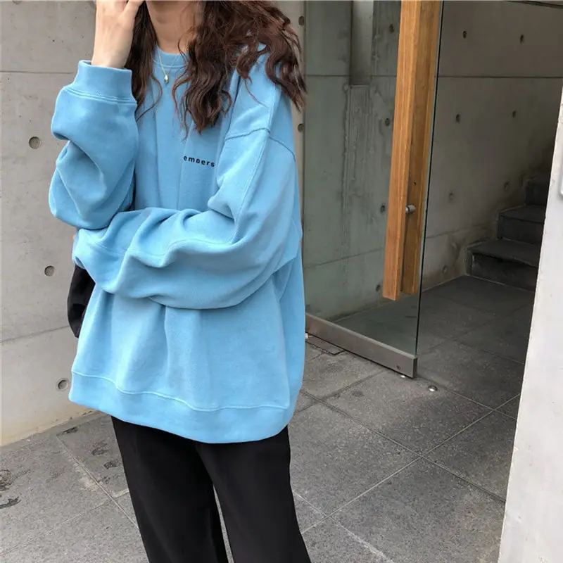 Women Korean Fleece Letter Print Long Sleeve Sweatshirt Light Blue - Image 5