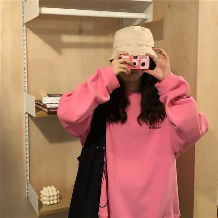 Women Korean Fleece Letter Print Long Sleeve Sweatshirt Light Blue - Image 3