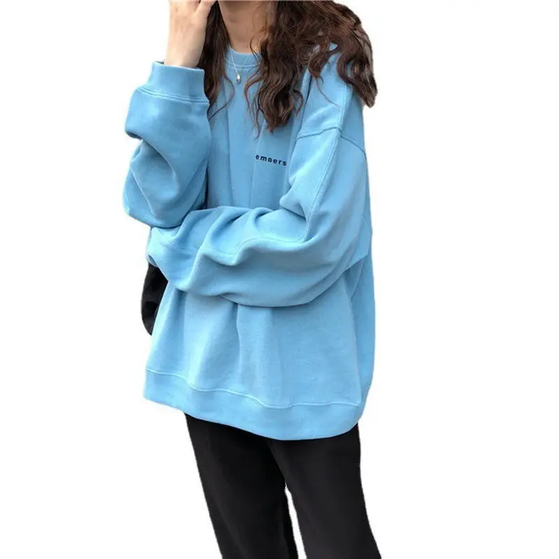 Women Korean Fleece Letter Print Long Sleeve Sweatshirt Light Blue - Image 7