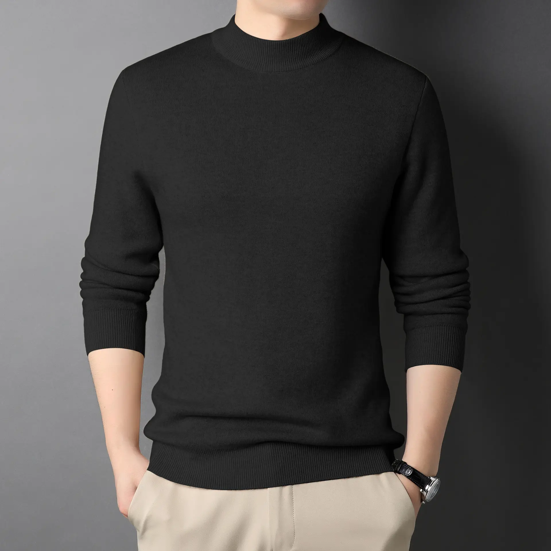 Men's Black Half-Turtleneck Sweater Solid Color - Image 9