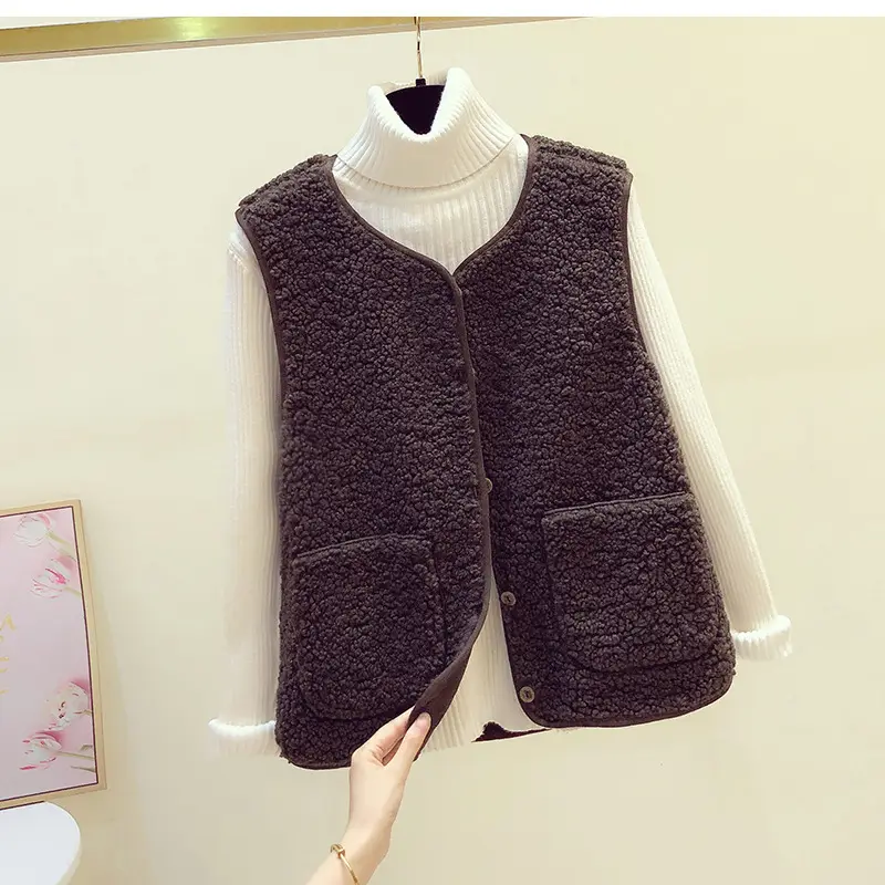 Women's Fur Stuffed Sleeveless Vest Brown Autumn Winter - Image 4