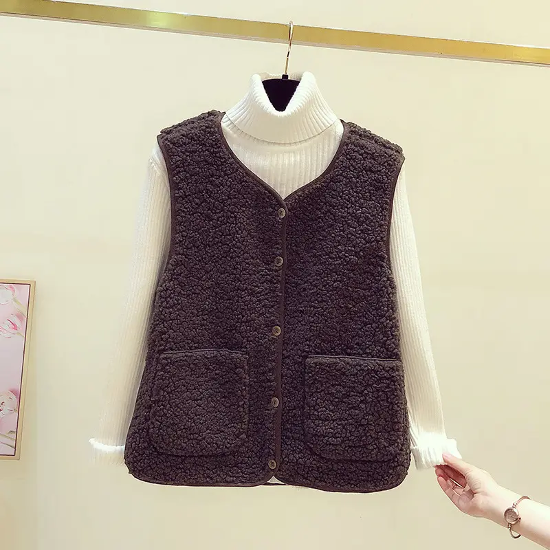 Women's Fur Stuffed Sleeveless Vest Brown Autumn Winter - Image 5